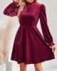 Hollow Ruffled Solid Color Velvet A-Line High Waisted Mock Neck Mini Dresses