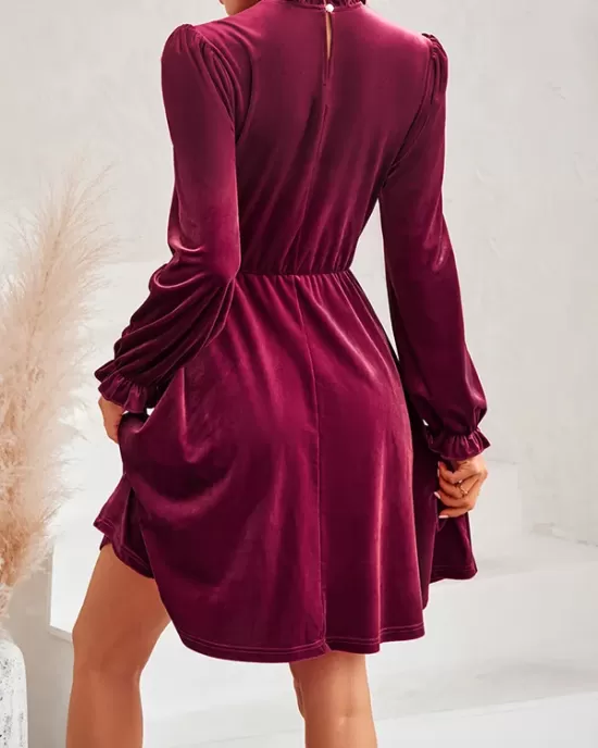 Hollow Ruffled Solid Color Velvet A-Line High Waisted Mock Neck Mini Dresses