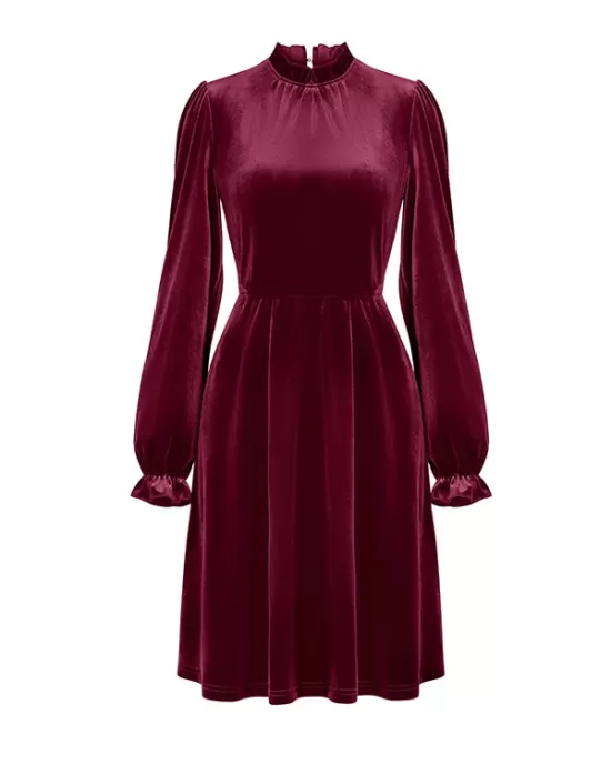 Hollow Ruffled Solid Color Velvet A-Line High Waisted Mock Neck Mini Dresses