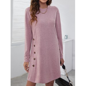 Asymmetric Buttoned Long Sleeves Loose Round-Neck Mini Dresses