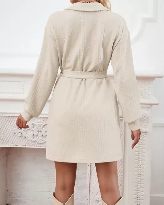 Jacquard Solid Color Tied Waist Long Sleeves V-neck Mini Dresses