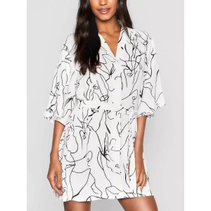 Buttoned Elasticity Pleated Printed Batwing Sleeves Half Sleeves V-Neck Mini Dresses