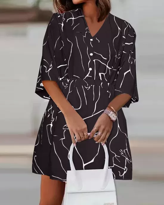 Buttoned Elasticity Pleated Printed Batwing Sleeves Half Sleeves V-Neck Mini Dresses