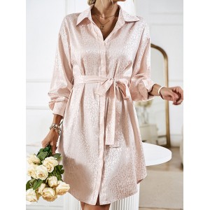 Buttoned Leopard Tied Waist Long Sleeves Loose Lapel Shirt Dress Mini Dresses