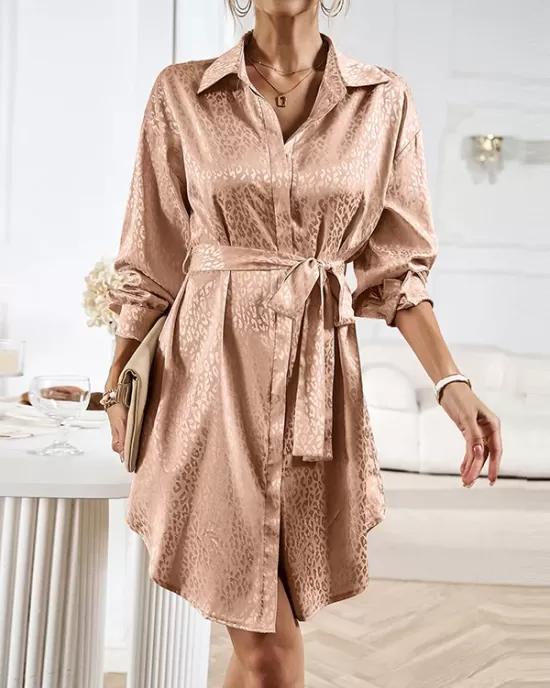 Buttoned Leopard Tied Waist Long Sleeves Loose Lapel Shirt Dress Mini Dresses