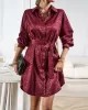 Buttoned Leopard Tied Waist Long Sleeves Loose Lapel Shirt Dress Mini Dresses