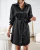 Buttoned Leopard Tied Waist Long Sleeves Loose Lapel Shirt Dress Mini Dresses