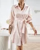 Buttoned Leopard Tied Waist Long Sleeves Loose Lapel Shirt Dress Mini Dresses