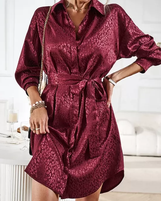 Buttoned Leopard Tied Waist Long Sleeves Loose Lapel Shirt Dress Mini Dresses