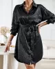 Buttoned Leopard Tied Waist Long Sleeves Loose Lapel Shirt Dress Mini Dresses