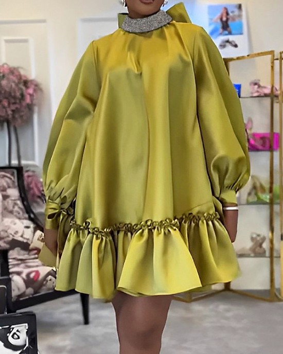 A-Line Long Sleeves Bowknot Pleated Rhine Stones Ruffled Solid Color Mock Neck Mini Dresses