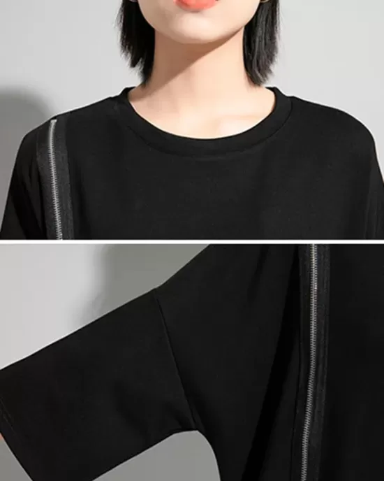 Original Black Zipper Batwing Sleeve Round-Neck Mini Dress