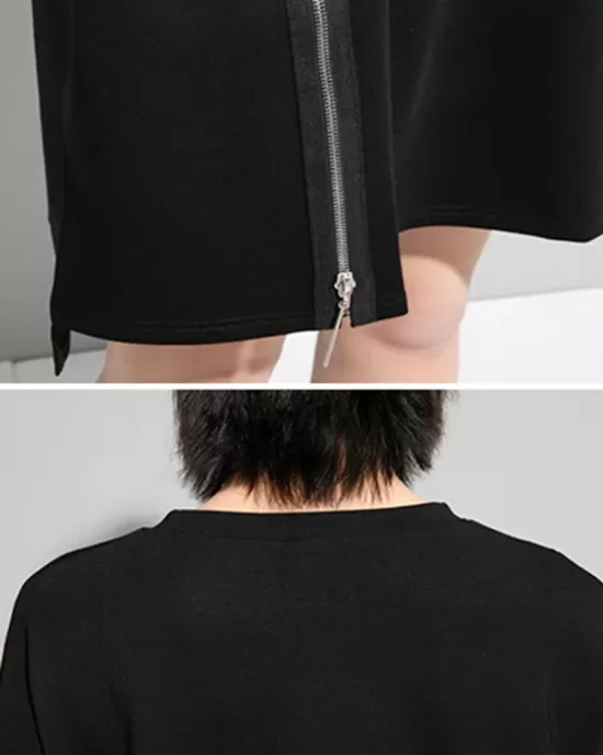 Original Black Zipper Batwing Sleeve Round-Neck Mini Dress