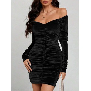 Pleated Solid Color Velvet Bodycon High Waisted Off-The-Shoulder Mini Dresses