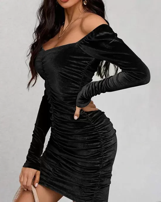 Pleated Solid Color Velvet Bodycon High Waisted Off-The-Shoulder Mini Dresses