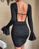 Backless Pleated Solid Color Tied Bodycon Flared Sleeves Square-Neck Mini Dresses