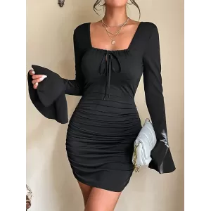 Backless Pleated Solid Color Tied Bodycon Flared Sleeves Square-Neck Mini Dresses