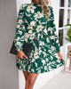 Flower Print Pleated Tied Waist High Waisted Long Sleeves Mock Neck Mini Dresses