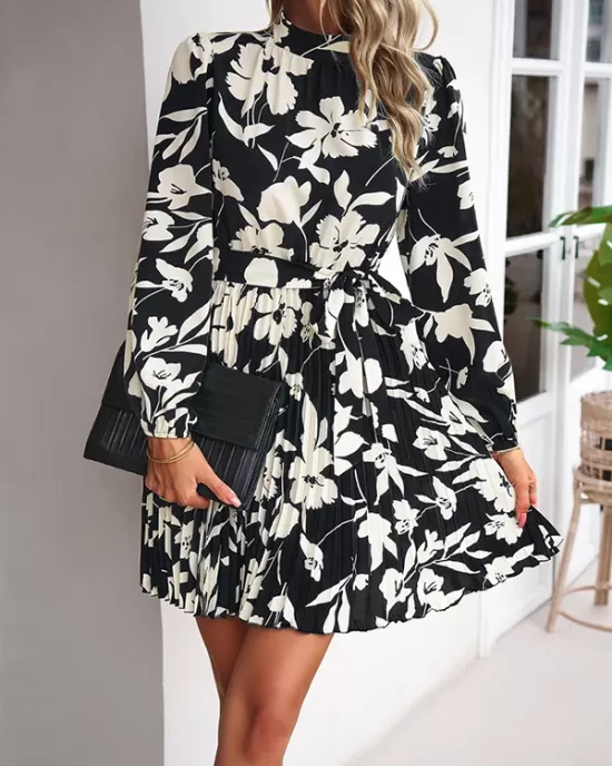 Flower Print Pleated Tied Waist High Waisted Long Sleeves Mock Neck Mini Dresses