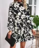 Flower Print Pleated Tied Waist High Waisted Long Sleeves Mock Neck Mini Dresses