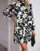 Flower Print Pleated Tied Waist High Waisted Long Sleeves Mock Neck Mini Dresses