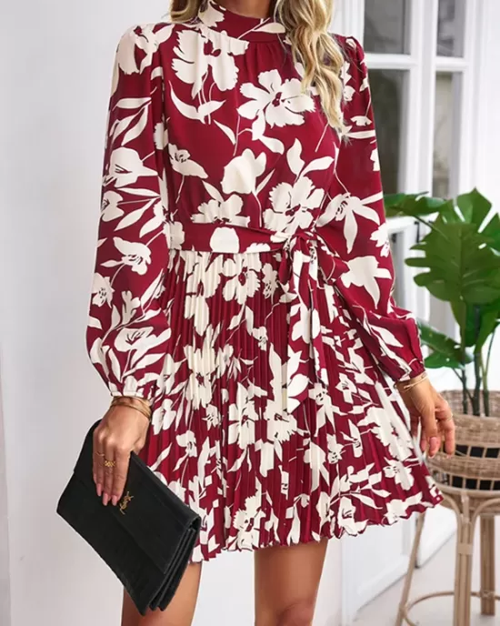 Flower Print Pleated Tied Waist High Waisted Long Sleeves Mock Neck Mini Dresses