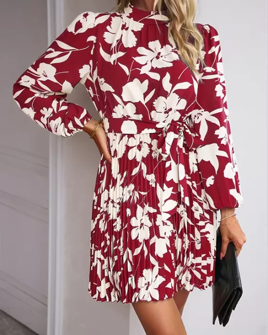 Flower Print Pleated Tied Waist High Waisted Long Sleeves Mock Neck Mini Dresses