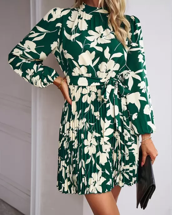 Flower Print Pleated Tied Waist High Waisted Long Sleeves Mock Neck Mini Dresses