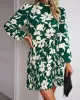 Flower Print Pleated Tied Waist High Waisted Long Sleeves Mock Neck Mini Dresses