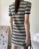 Original Plaid Knitting Lapel Collar Short Sleeves Mini Dress