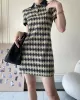 Original Plaid Knitting Lapel Collar Short Sleeves Mini Dress