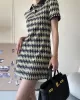 Original Plaid Knitting Lapel Collar Short Sleeves Mini Dress