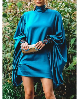 Going Out Loose Batwing Sleeves Buttoned Solid Color Mini Dresses