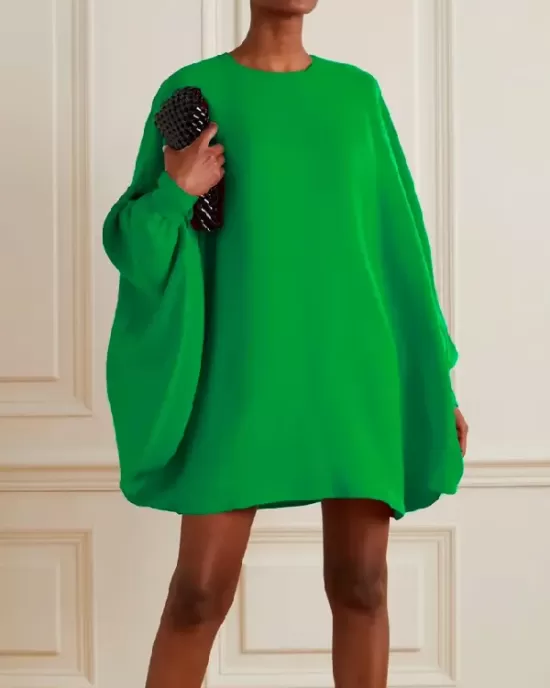 Simple Long Batwing Sleeves Solid Color Round-Neck Mini Dresses