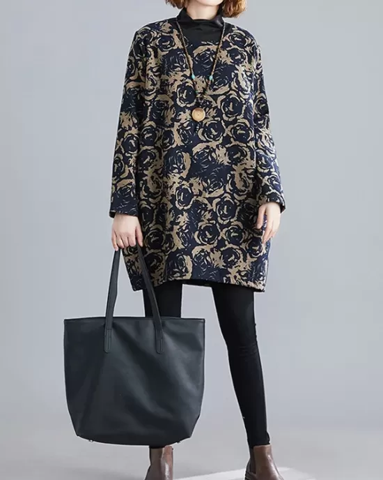 Artistic Retro Loose Long Sleeves Keep Warm Floral Printed High-Neck Mini Dresses