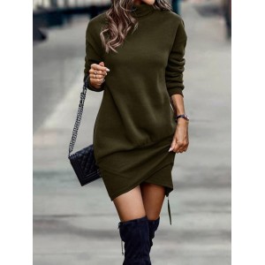 Casual Long Sleeves Solid Color High-Neck Mini Dresses