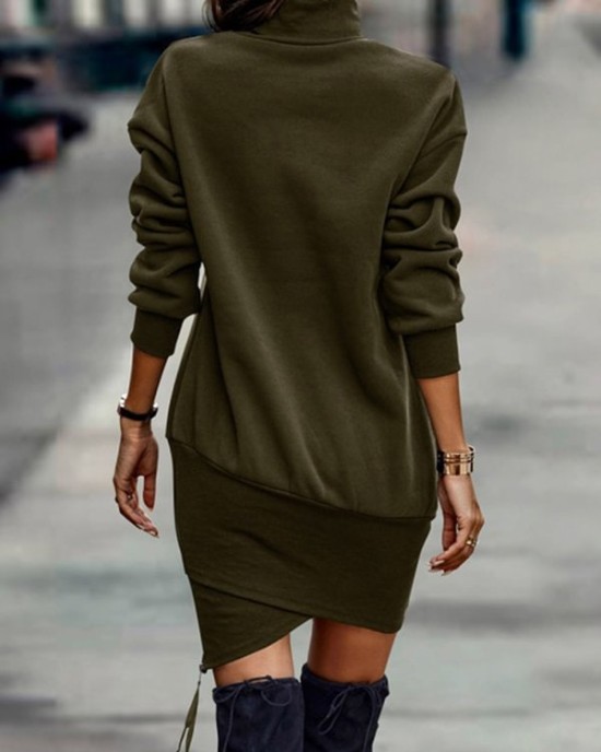 Casual Long Sleeves Solid Color High-Neck Mini Dresses