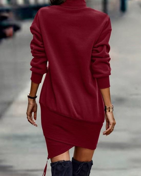 Casual Long Sleeves Solid Color High-Neck Mini Dresses