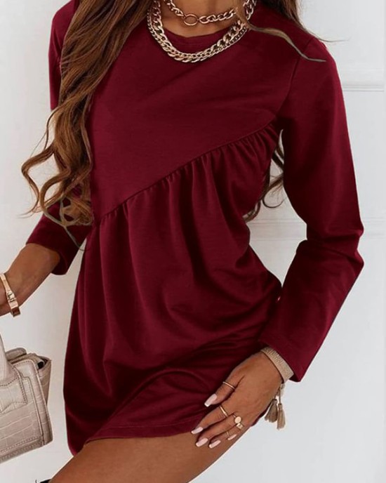 Casual Loose Long Sleeves Solid Color Round-Neck Mini Dresses