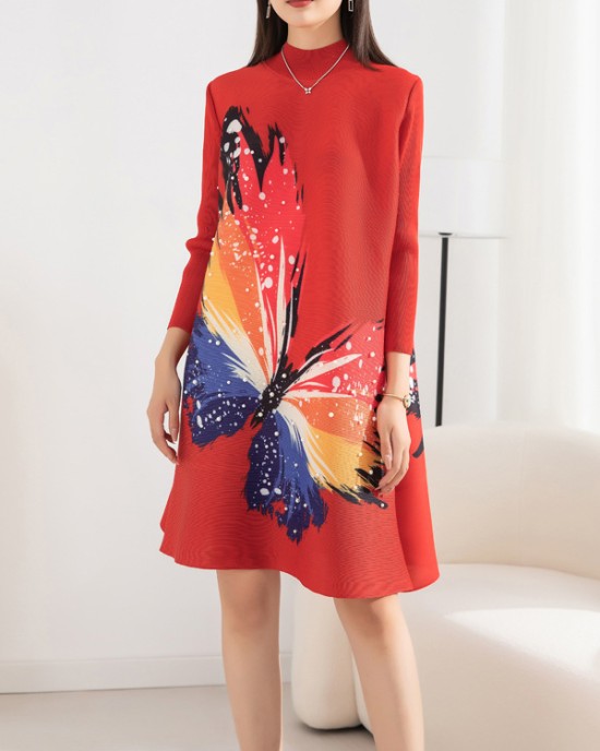 Casual Long Sleeves Loose Contrast Color Printed Pleated Beaded Stand Collar Mini Dresses