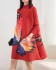 Casual Long Sleeves Loose Contrast Color Printed Pleated Beaded Stand Collar Mini Dresses