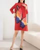 Casual Long Sleeves Loose Contrast Color Printed Pleated Beaded Stand Collar Mini Dresses