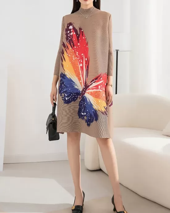 Casual Long Sleeves Loose Contrast Color Printed Pleated Beaded Stand Collar Mini Dresses