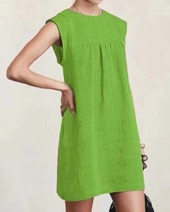 Casual Cap Sleeve Loose Solid Color Round-Neck Mini Dresses