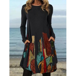 Casual Long Sleeves Loose Contrast Color Printed Round-Neck Mini Dresses