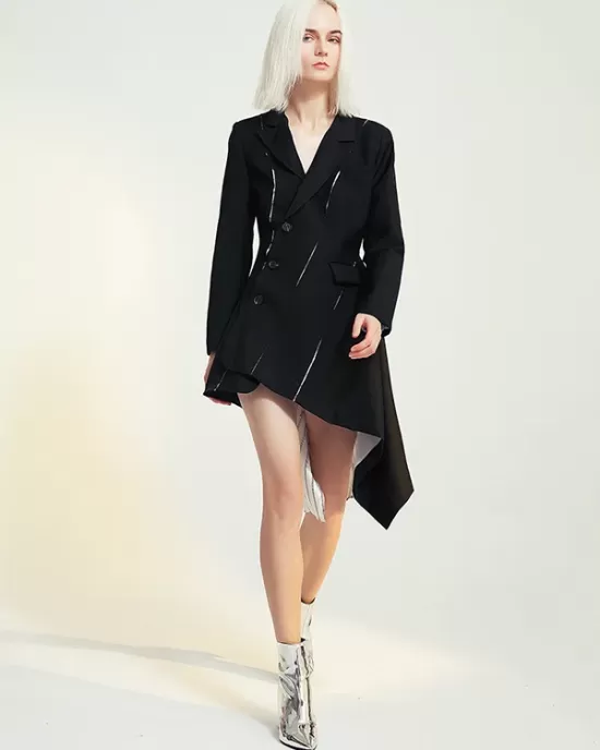 Casual Skinny Long Sleeves Striped Split-Joint Lapel Collar Blazer Mini Dresses