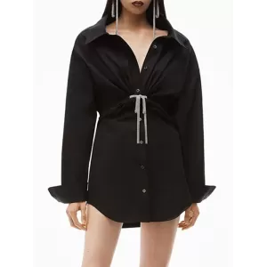 Solid Color High Waisted Long Sleeves Lapel Shirt Dress Mini Dresses