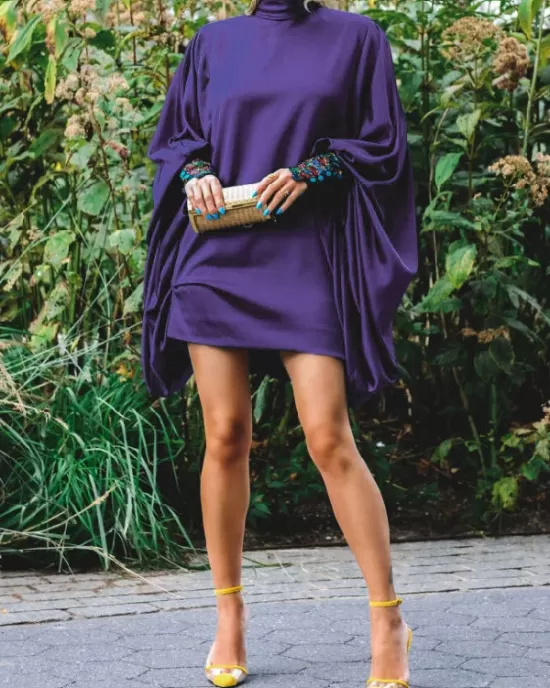 Going Out Loose Batwing Sleeves Buttoned Solid Color Mini Dresses