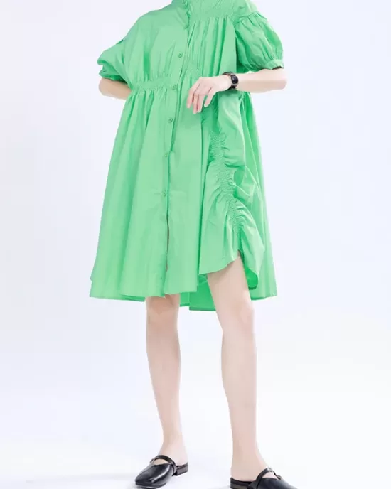 Asymmetric Pleated Solid Color Loose Short Sleeves Stand Collar Shirt Dress Mini Dresses