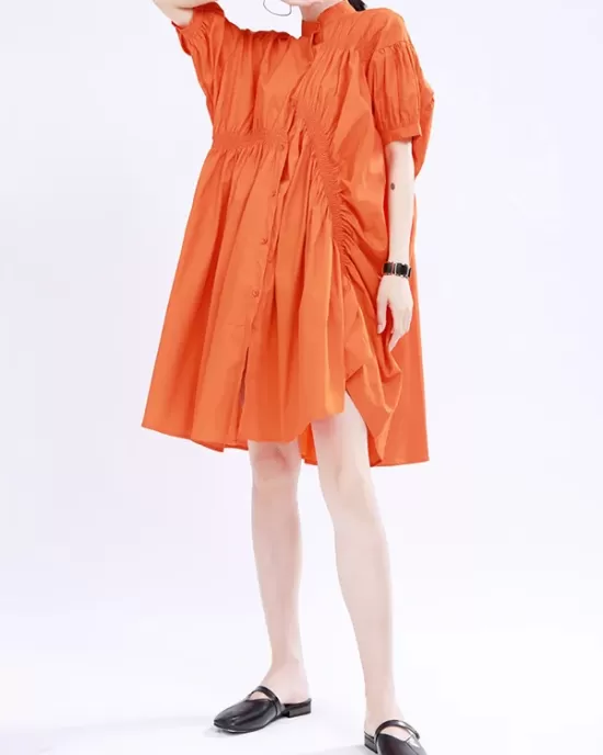 Asymmetric Pleated Solid Color Loose Short Sleeves Stand Collar Shirt Dress Mini Dresses